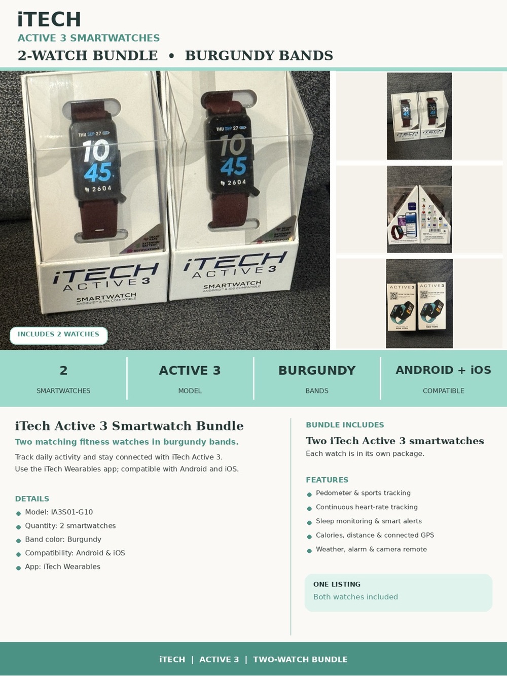 iTech Active 3 Smartwatch Bundle — Burgundy Bands (2 smartwatches bundle)